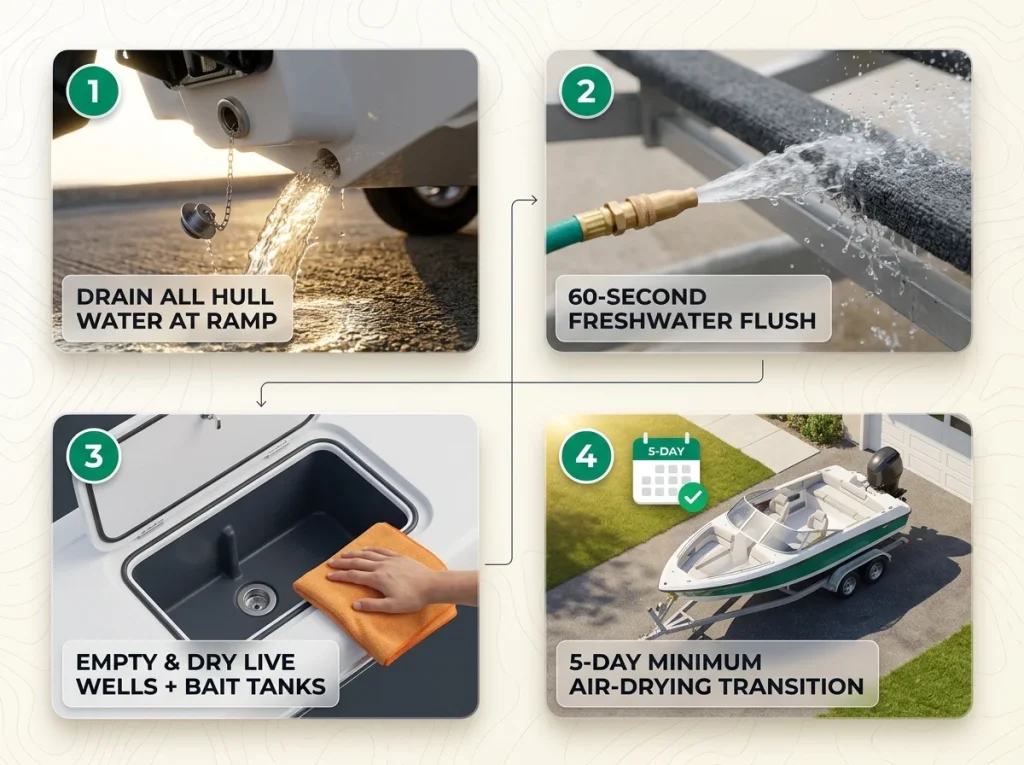 Infographic showing 4 steps for aquatic invasive species decontamination including draining, flushing, and drying