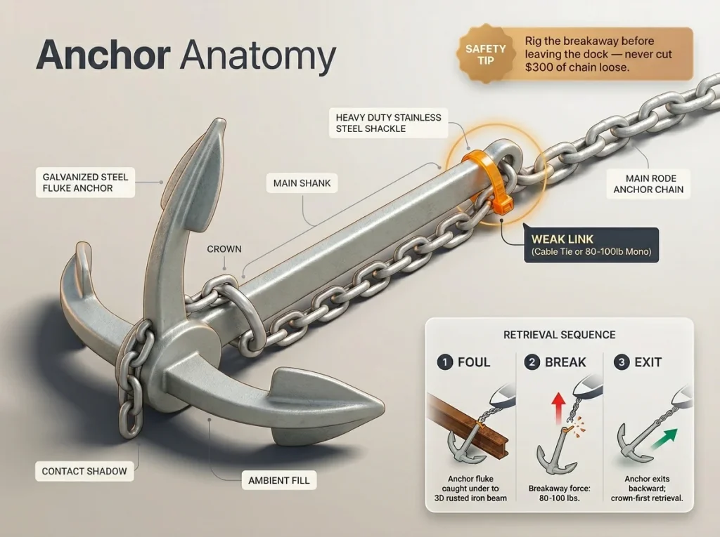 Technical infographic showing breakaway rig anatomy with weak-link cable tie and retrieval sequence from crown