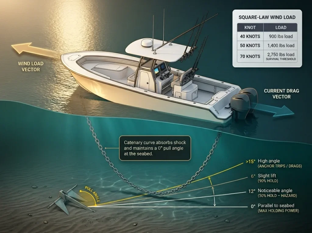 Infographic showing wind and current vectors on an anchored boat with catenary curve and pull angle markers