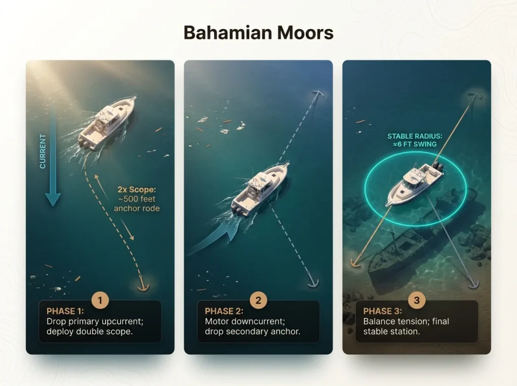 Aerial infographic showing 3 phases of a Bahamian Moor setup for precise wreck fishing and station keeping
