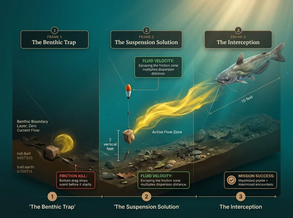 Three-step infographic showing how suspending bait 2 feet off the bottom maximizes scent plume travel and fish interception