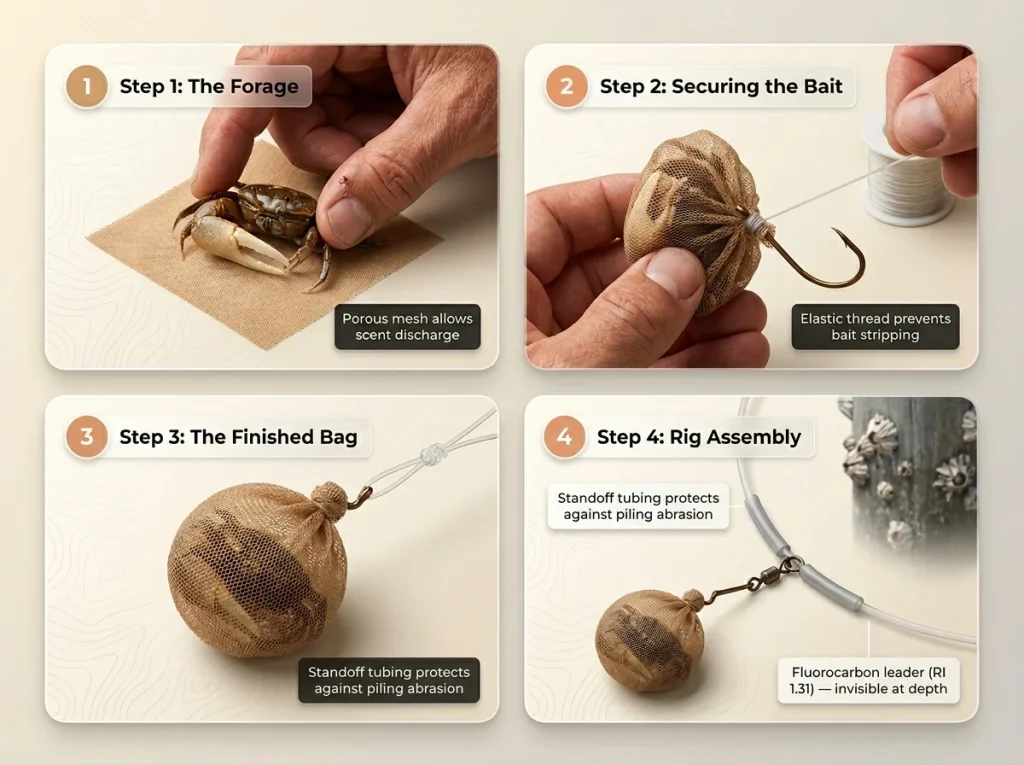 4-panel infographic showing steps to build a barnacle bag rig: wrapping crab in mesh, tying with elastic, and assembly