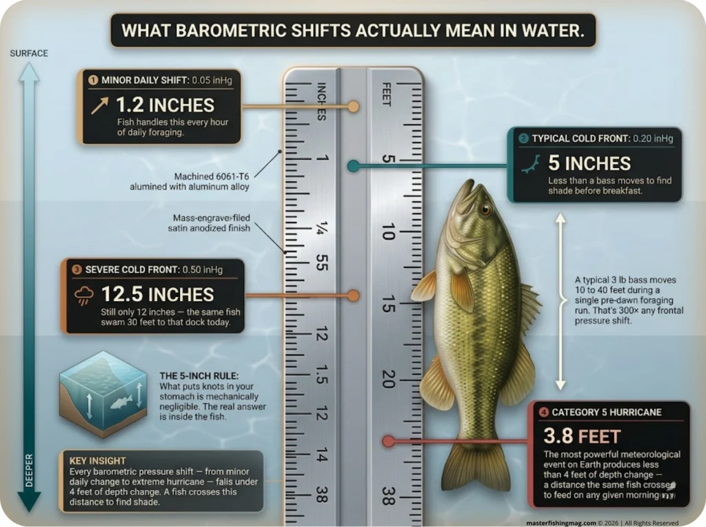Infographic showing barometric pressure shifts as depth equivalents beside a fish silhouette with labeled scale markers