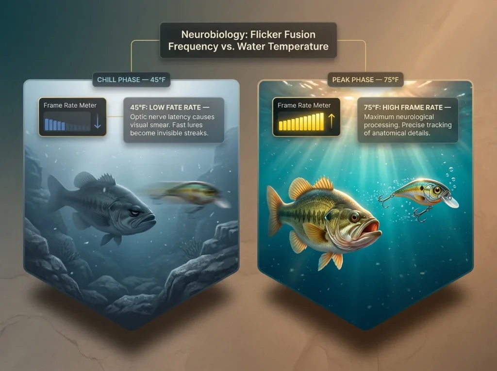 Infographic comparing bass vision frame rate (FFF) in 45°F water vs 75°F water with crisp and blurred lure images