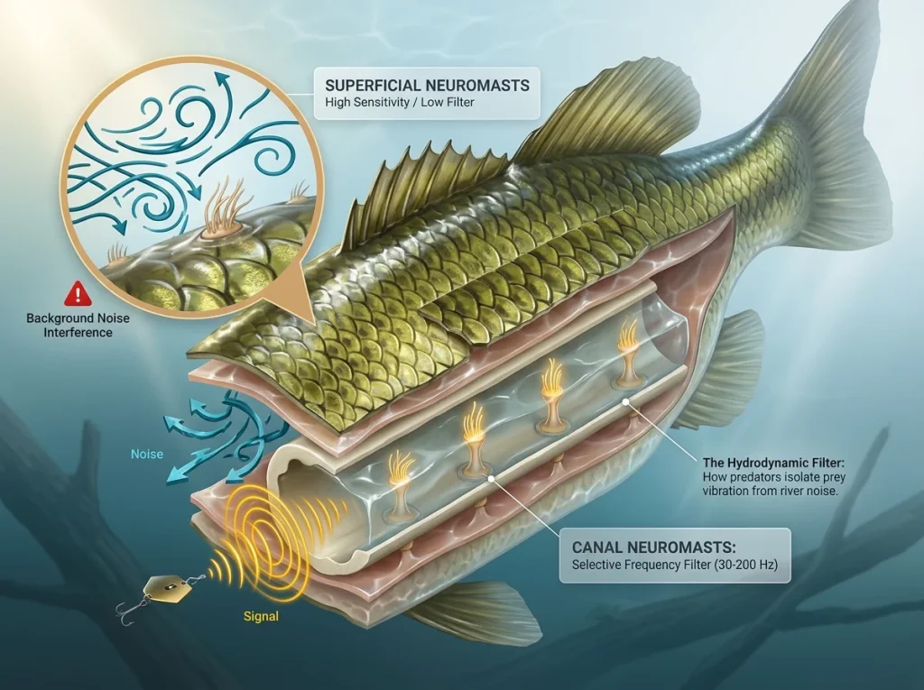 Anatomy diagram of a bass lateral line showing the difference between superficial and canal neuromasts