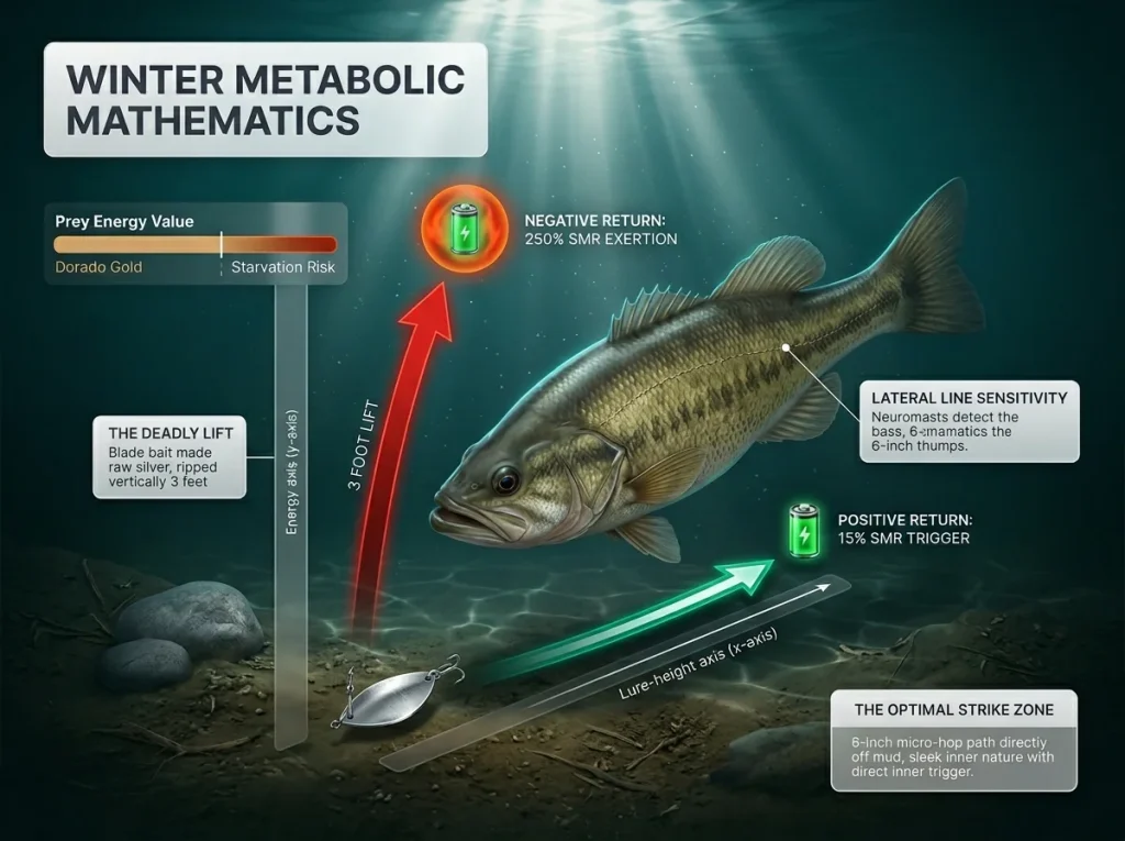 Infographic chart showing metabolic cost vs lift height for a winter bass with energy expenditure vs prey value labels