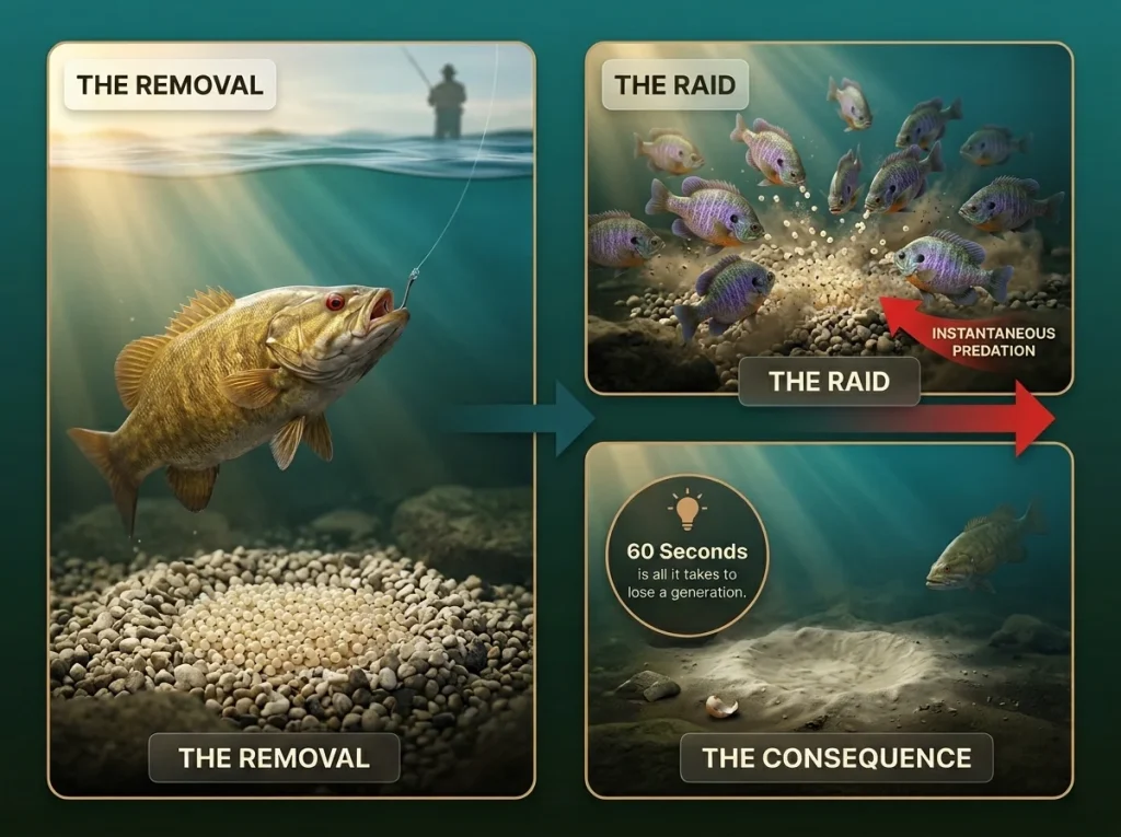 3-step sequence showing an angler catching a bass, bluegill swarming the eggs, and the resulting empty nest