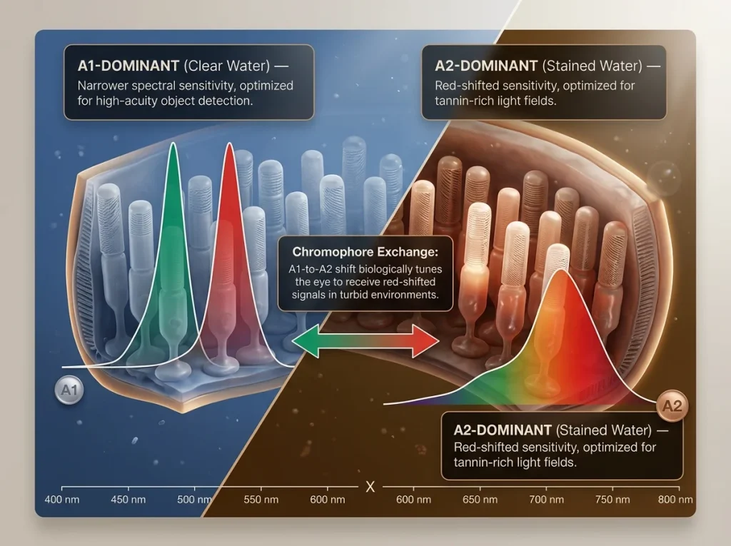 Infographic showing bass retina A1 vs A2 states with spectral sensitivity curves and wavelength peaks for green and red cones