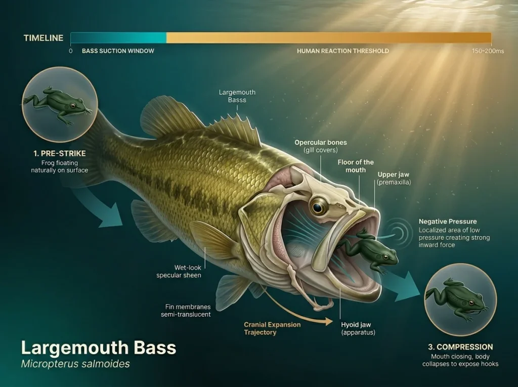 Infographic showing bass suction feeding cranial expansion trajectory and frog ingestion timeline vs human reaction time