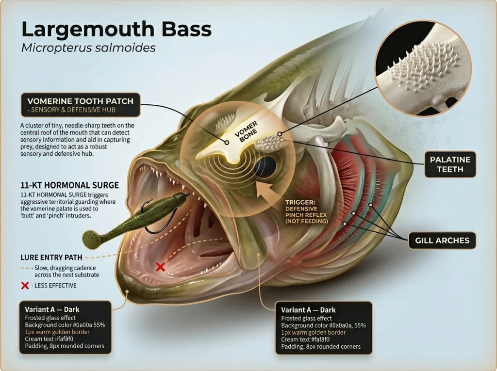 Infographic showing bass head anatomy with vomerine tooth location and defensive strike zone for bed fishing