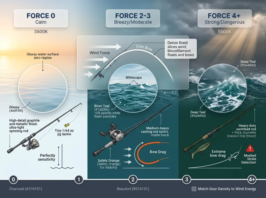 Infographic of the Beaufort Wind Scale (0-4+) for fishing, showing sea states, tackle choices, and bow drag effects.