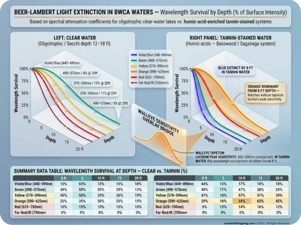 Beer-Lambert infographic showing light wavelength survival percentages at depth in clear vs tannin BWCA water with walleye vision sensitivity overlaid
