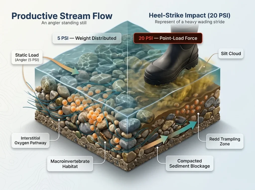 Infographic cross-section of a stream bed comparing 5 PSI static vs 20 PSI heel-strike pressure on eggs and sediment