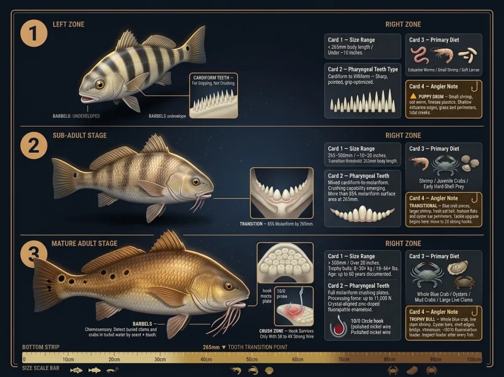 Infographic showing black drum three-stage life cycle with tooth morphology, diet items, and angler targeting notes on dark species ID card