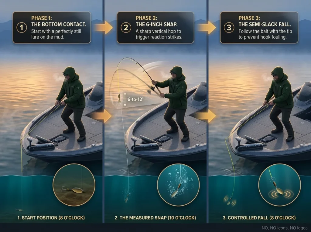 Photographic sequence showing 3 steps of a blade bait jigging cadence with 8 o'clock and 10 o'clock rod positions
