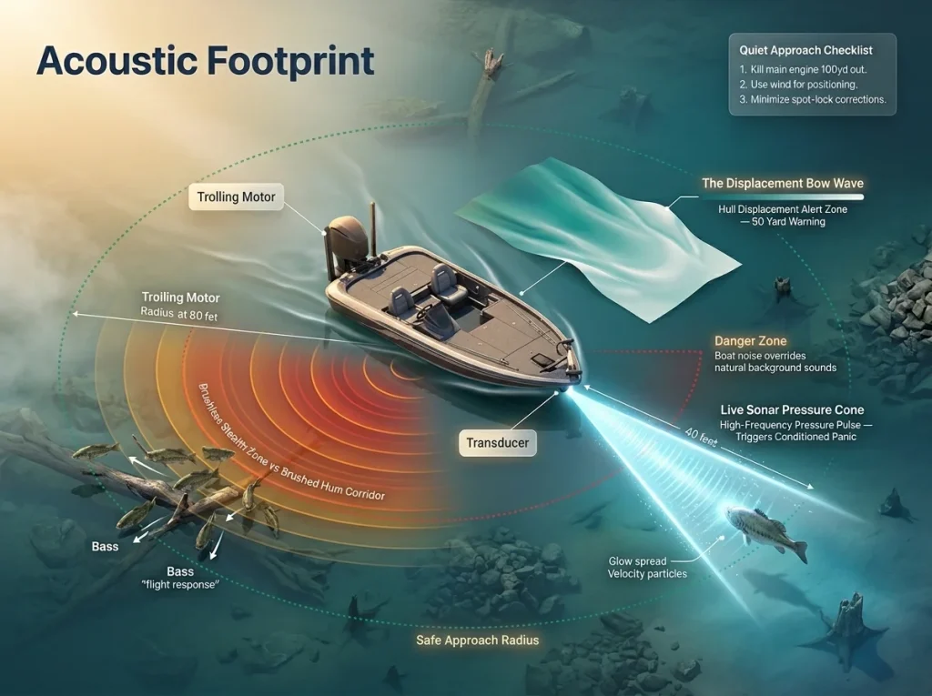 Top-down infographic map showing a fishing boat's acoustic shadow and sonar pressure waves with labeled exclusion zones