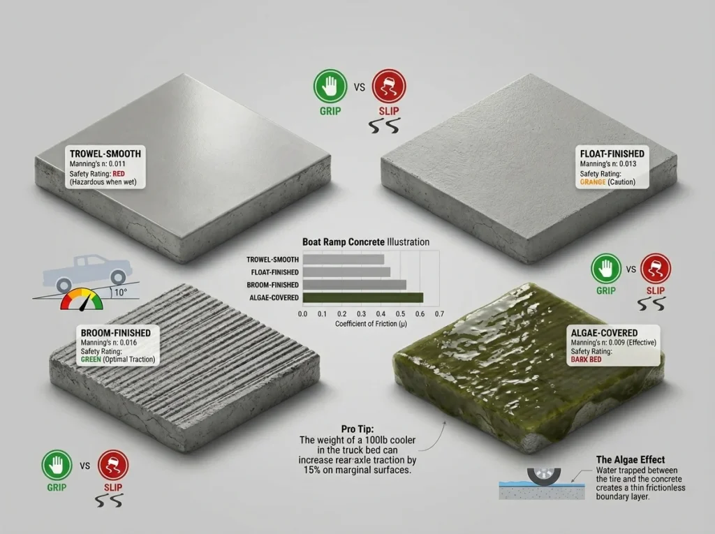 Comparison infographic of four boat ramp surface finishes with Manning's n values and traction safety ratings