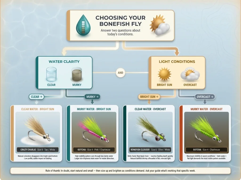 Infographic showing bonefish fly selection flowchart by water clarity and light conditions with pattern recommendations and sizes