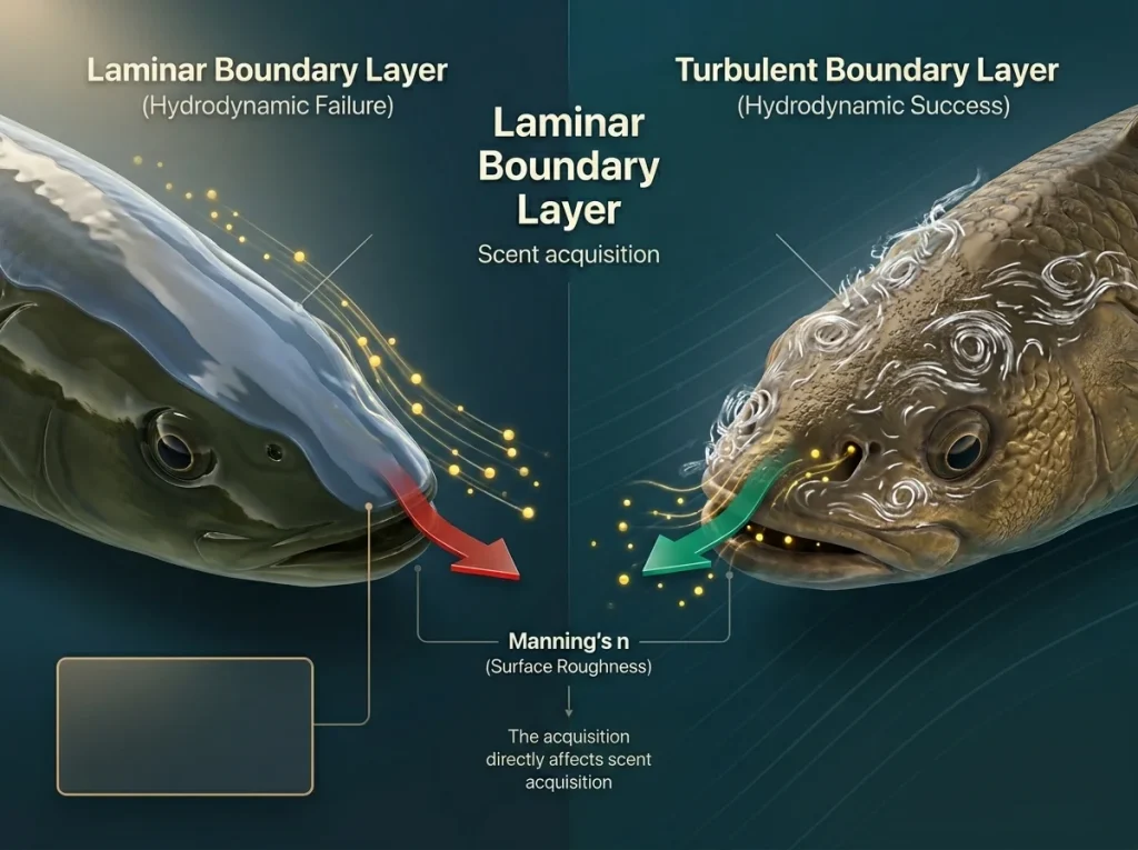Infographic comparing laminar versus turbulent boundary layers on a fish snout and how they affect scent molecule intake