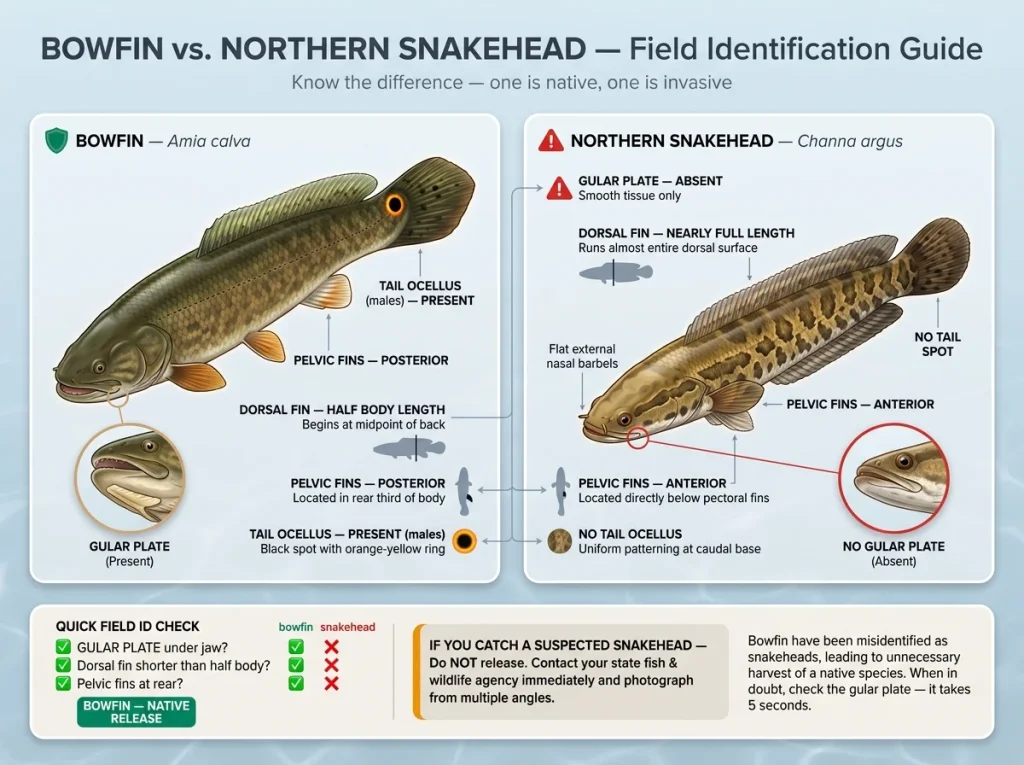 Infographic comparing bowfin vs northern snakehead anatomy with labeled gular plate, dorsal fin, pelvic fins, and tail ocellus