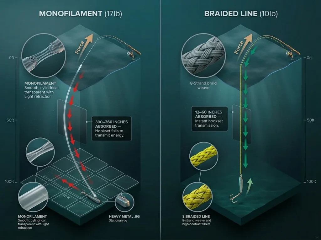 Infographic comparing monofilament stretch versus braided line response at 100 feet deep with hookset force flow arrows