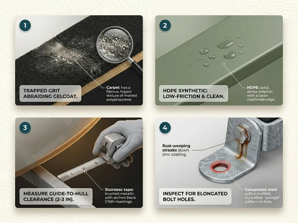 Infographic showing 4 steps for bunk and guide maintenance including carpet wear, HDPE surfaces, and hardware checks