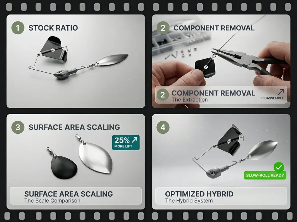 Four-panel photo sequence showing buzzbait blade swap with split-ring pliers and oversized blade comparison