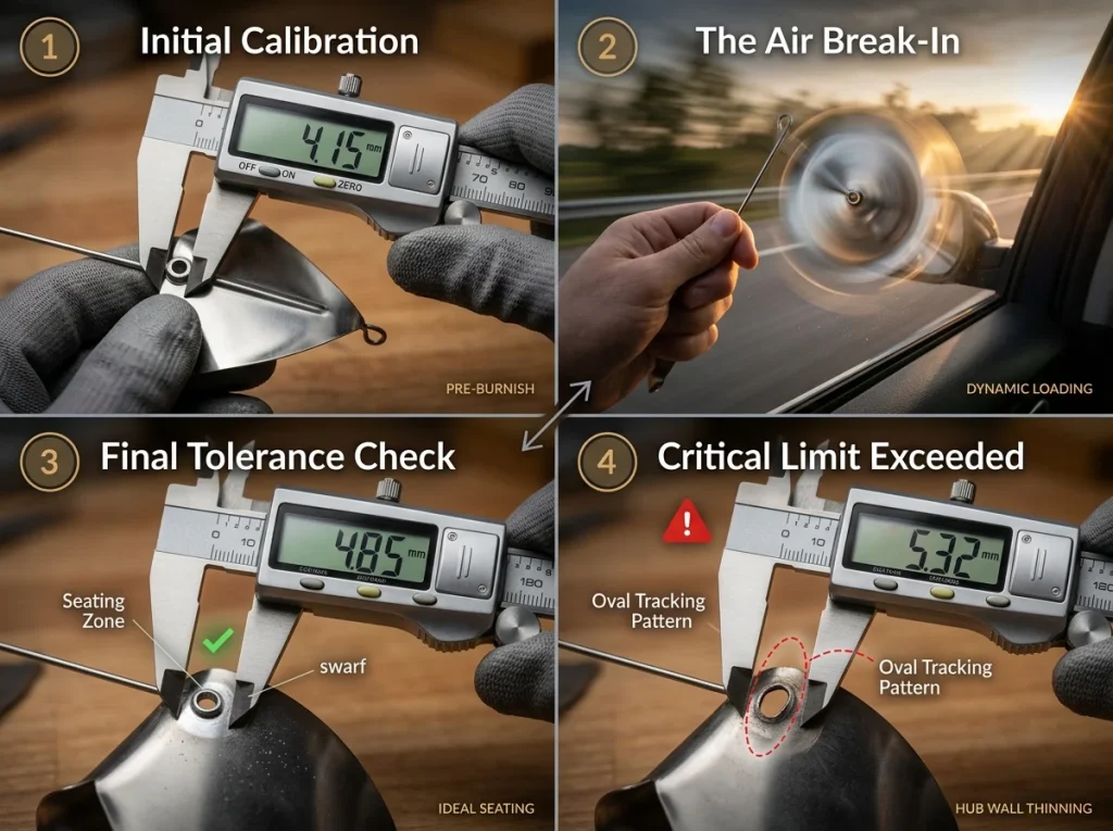 Four-panel documentary photo sequence showing buzzbait break-in verification with digital calipers and oval tracking warning