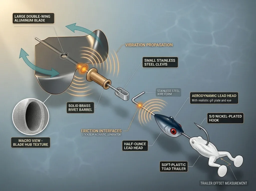 Exploded view infographic of a buzzbait showing blade, rivet, clevis, wire arm, and trailer with sound physics labels