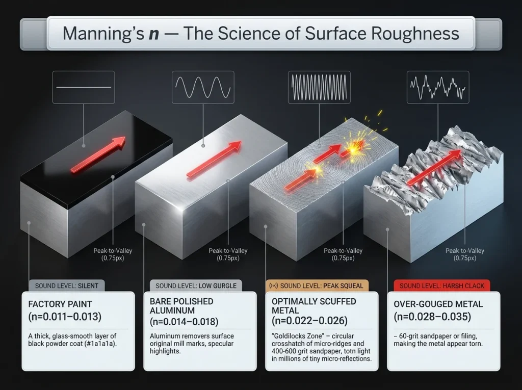 Infographic showing four microscopic metal surface profiles with Manning's n values and acoustic output comparisons