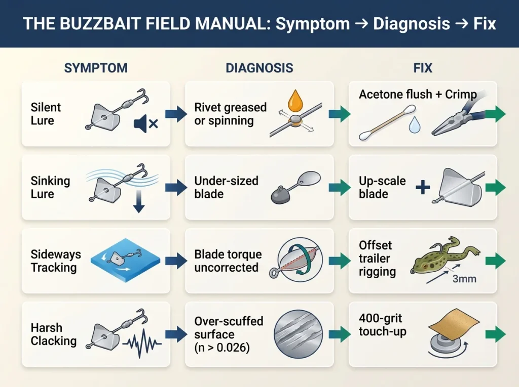Infographic decision matrix for buzzbait troubleshooting showing symptom, diagnosis, and fix with technical icons