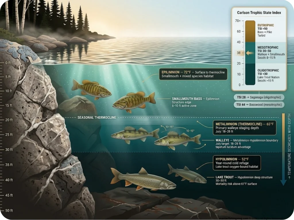 Infographic showing BWCA lake thermal stratification with epilimnion, metalimnion, hypolimnion zones, species depth ranges, and TSI index