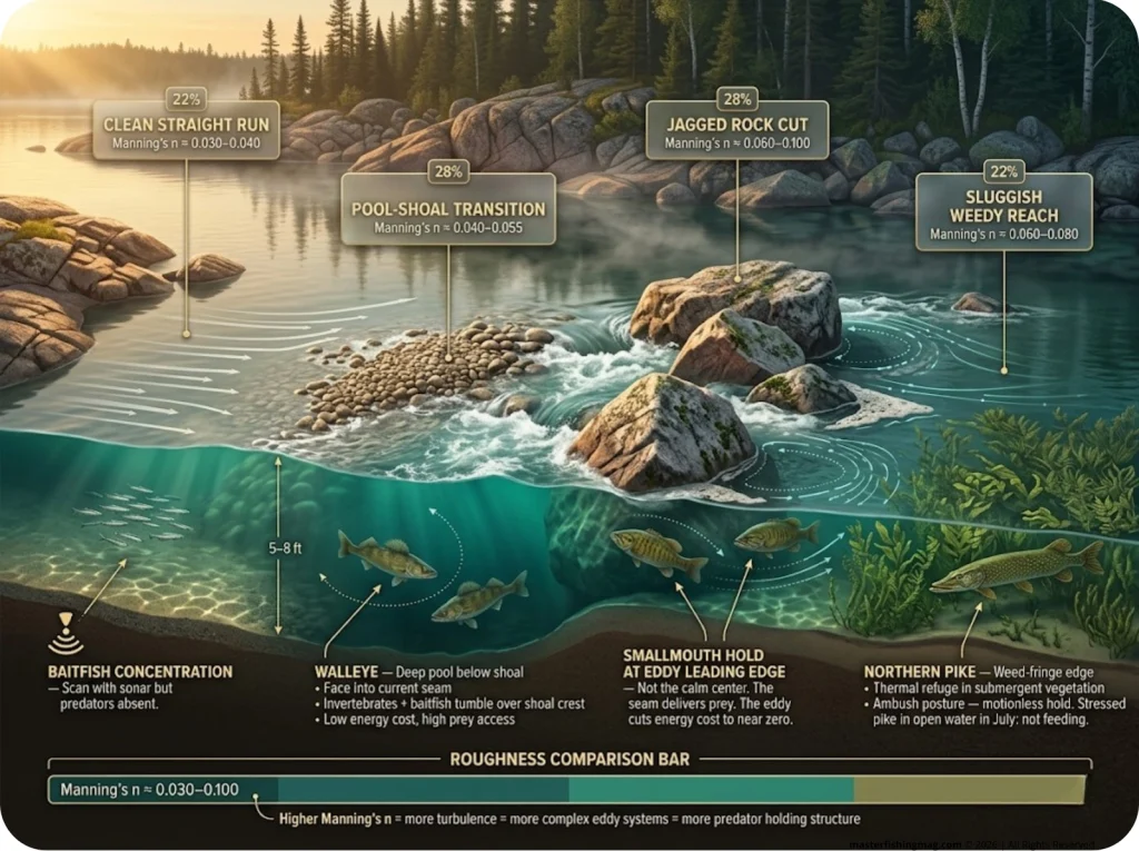 Infographic showing BWCA granite river cross-section with Manning roughness zones and smallmouth, walleye, and pike holding positions labeled