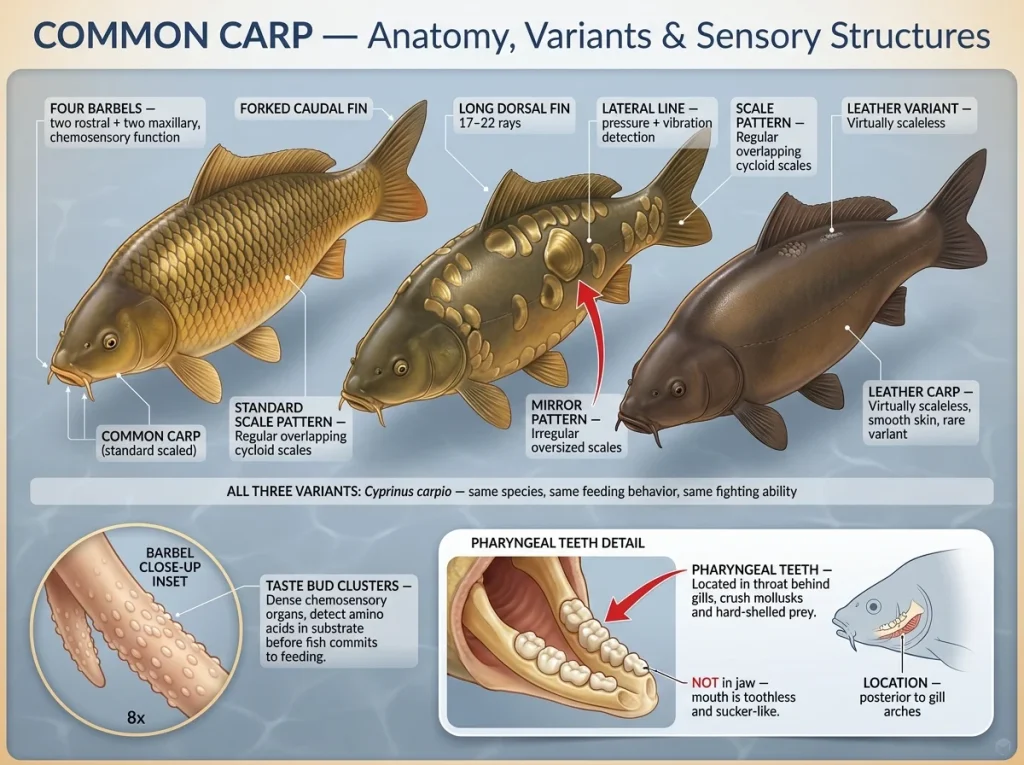 Infographic showing common carp anatomy with labeled barbels, pharyngeal teeth, and scale pattern differences across three variants