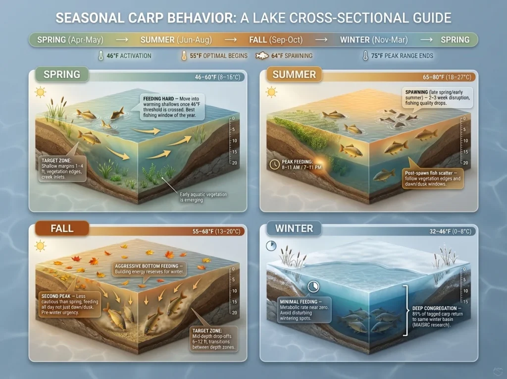 Infographic showing carp position in lake cross-section across four seasons with temperature thresholds and depth zone labels