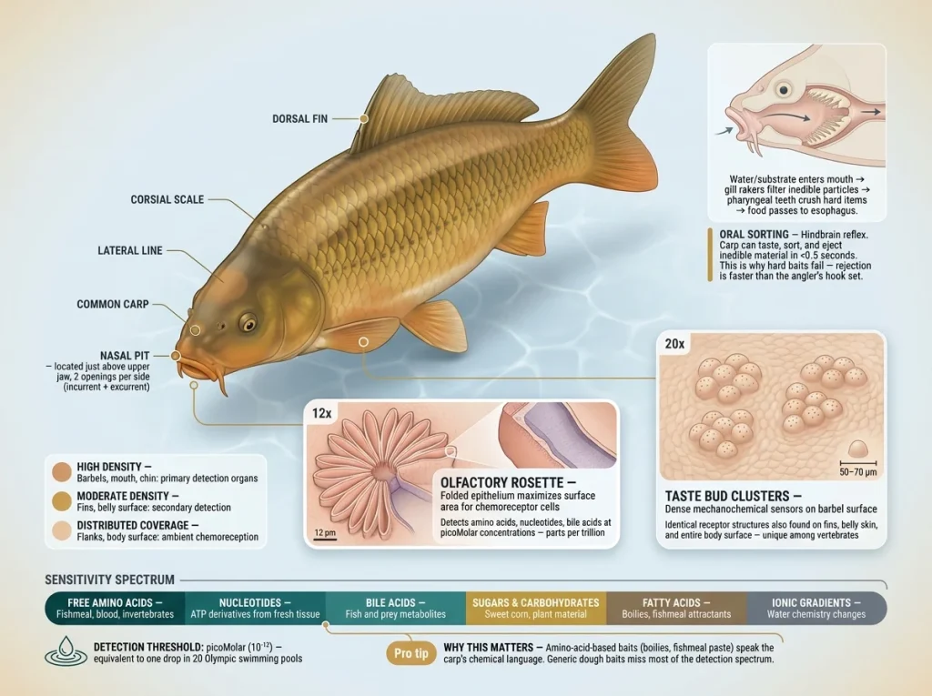 Infographic showing carp sensory system with labeled taste bud distribution, olfactory rosette, and chemoreception sensitivity ranges