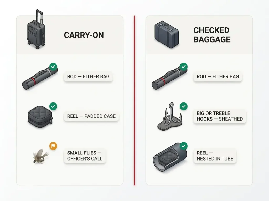 Checklist infographic showing which fishing gear items go in carry-on versus checked baggage under TSA rules