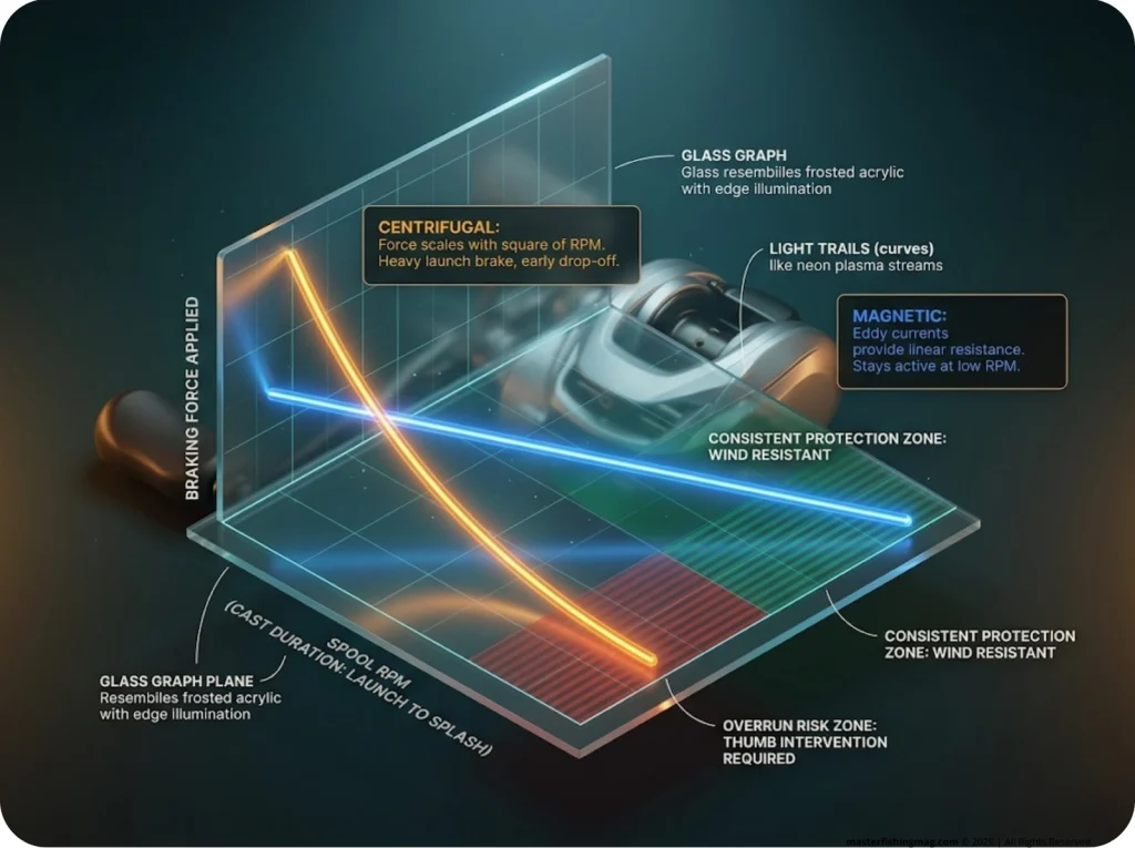 Infographic showing centrifugal vs magnetic reel braking curves with spool RPM, thumb zones, and braking force paths