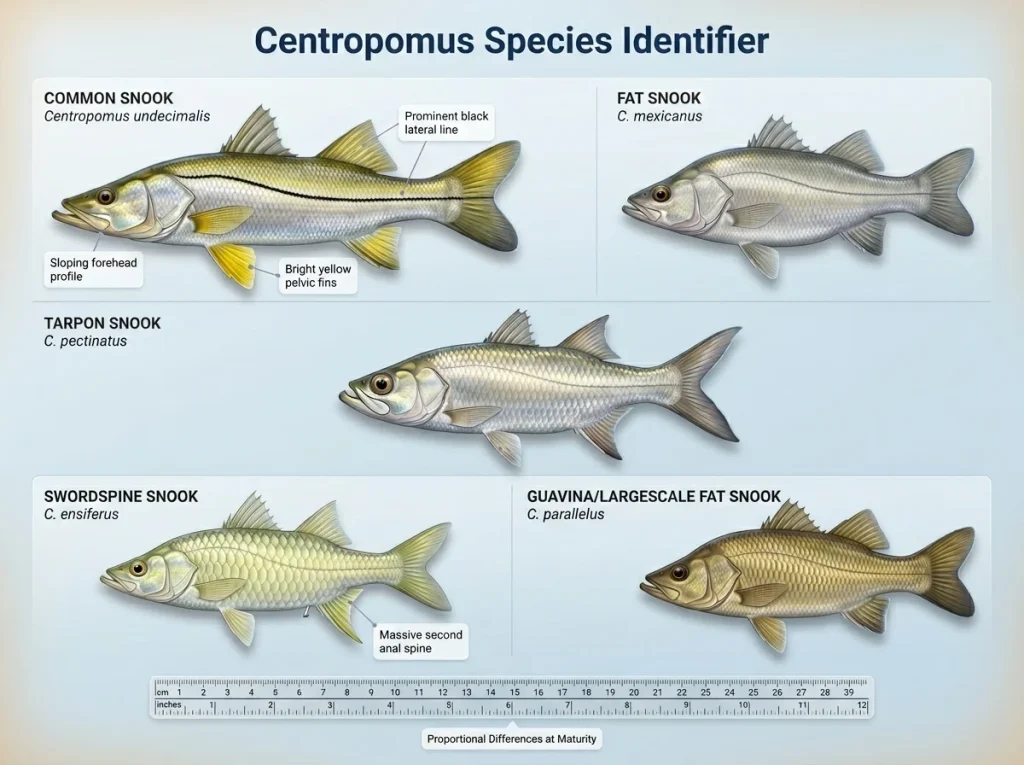Infographic comparing 5 Centropomus species showing body profile, lateral lines, and yellow pelvic fins on common snook