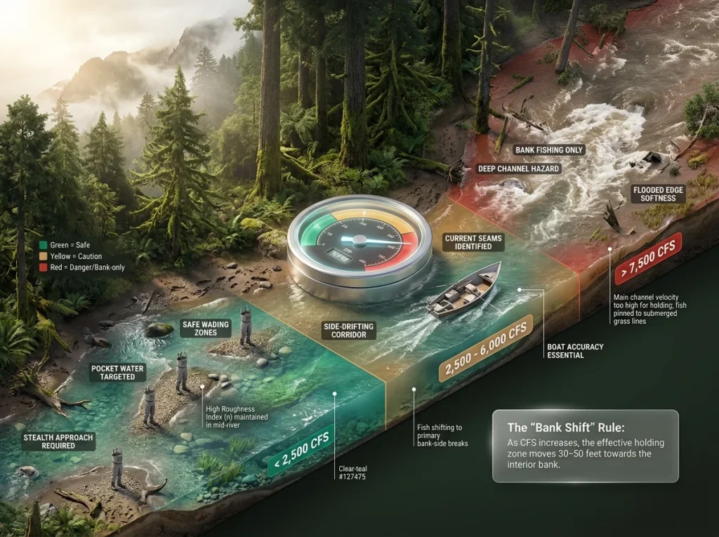 Color-coded infographic map showing optimal steelhead fishing techniques based on river CFS tiers