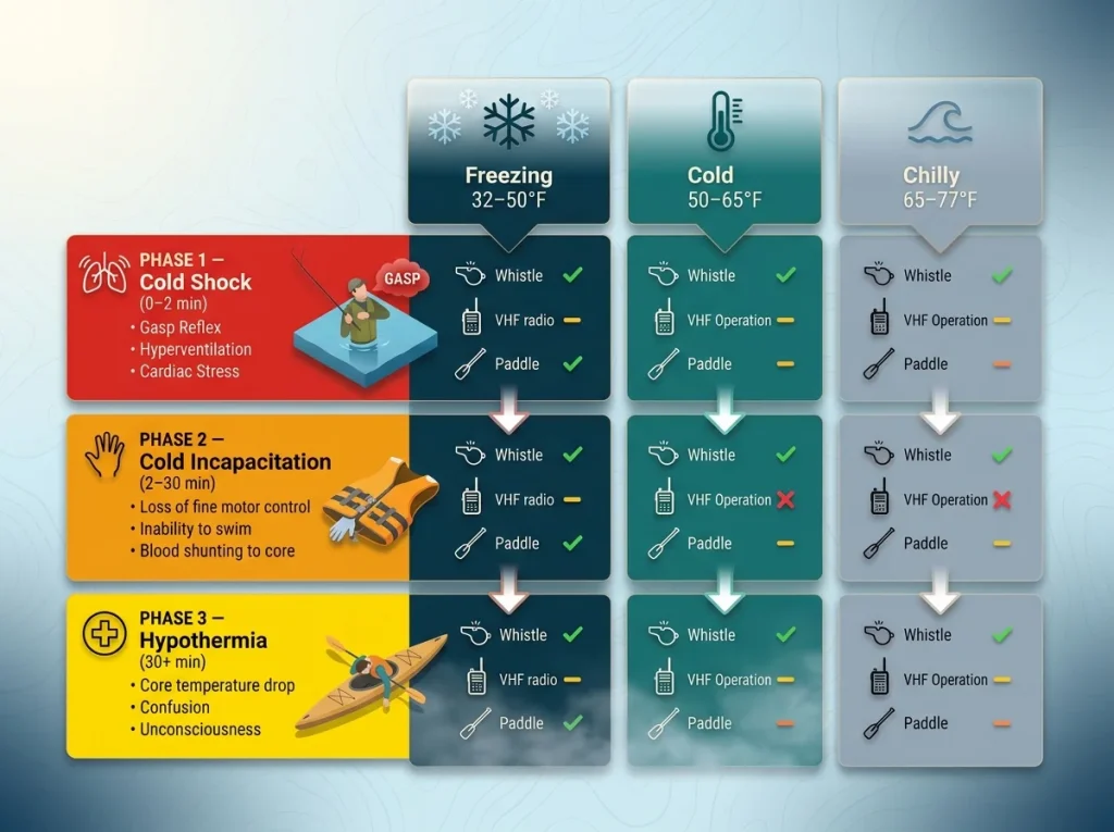 Infographic matrix showing cold water survival phases from shock to hypothermia across different temperature ranges