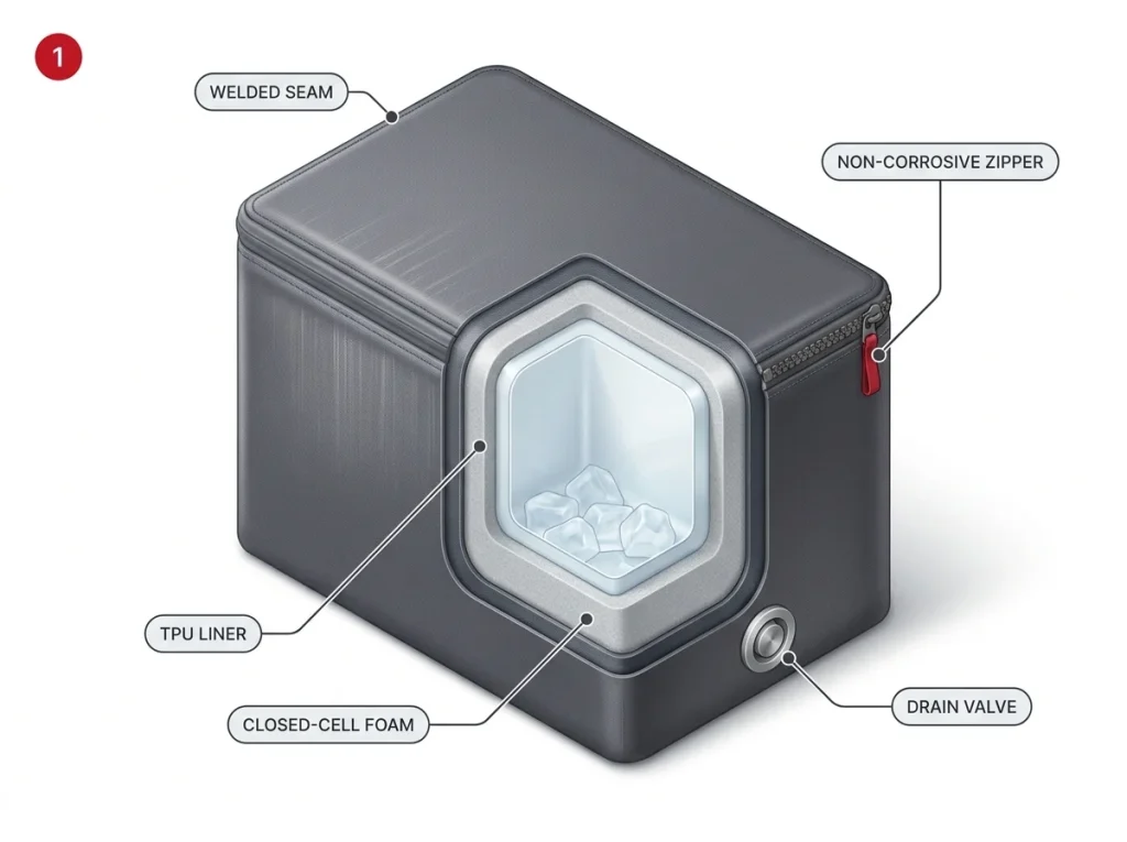 Annotated cutaway diagram of a fish cooler bag labeling welded seam, TPU liner, foam layer, drain valve, and zipper