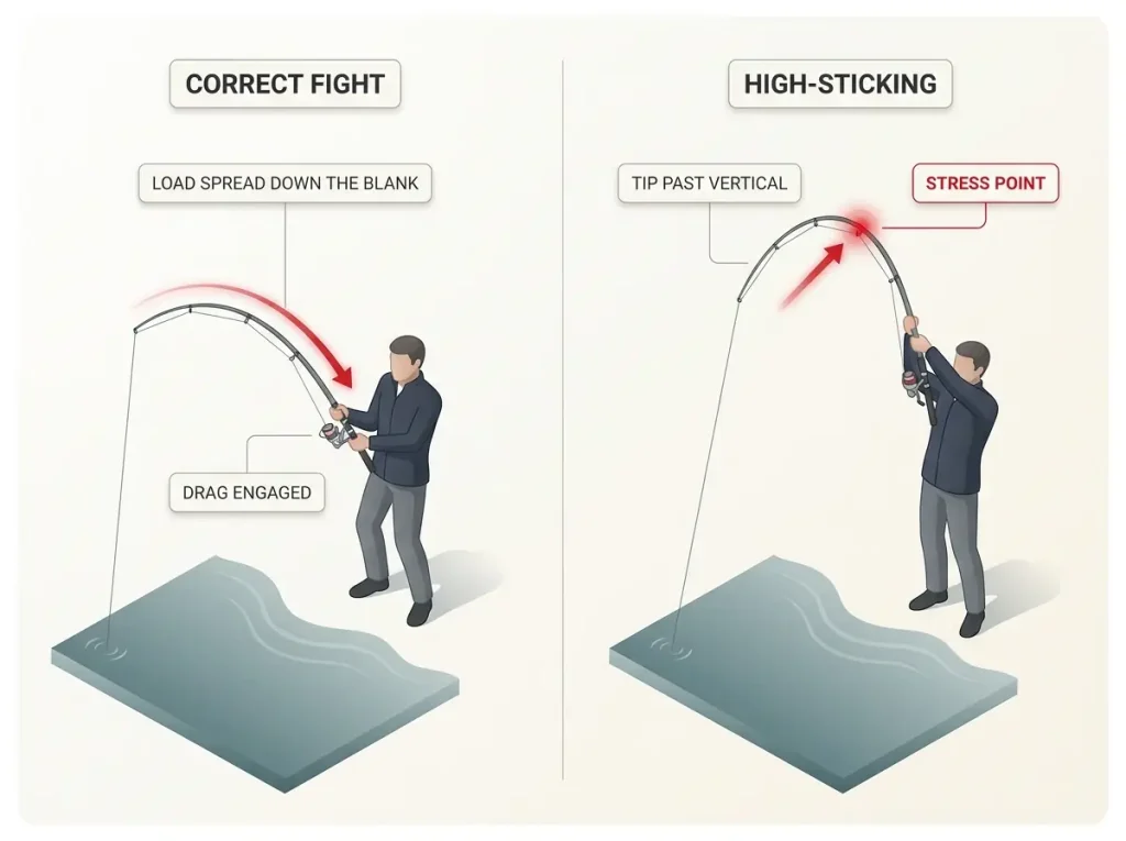 Diagram comparing correct rod angle during a fish fight against high-sticking, with a labeled stress point at the upper ferrule