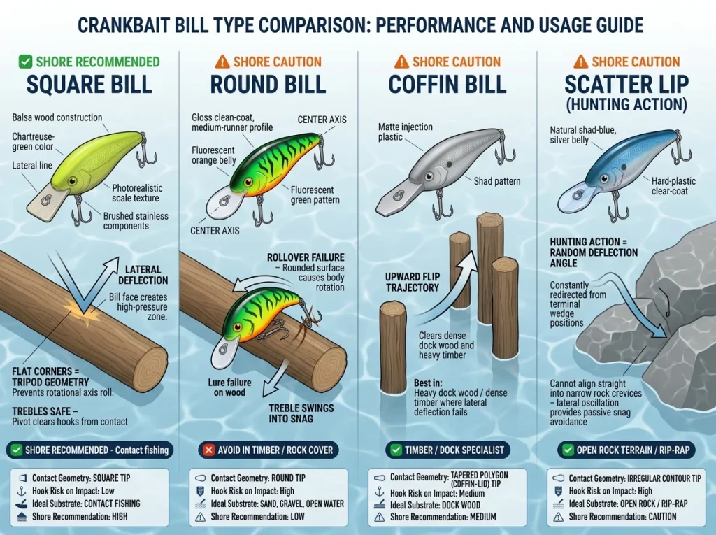 Infographic showing four crankbait bill shapes with cross-section contact geometry, hook trajectory arrows, and deflection vs rollover outcomes
