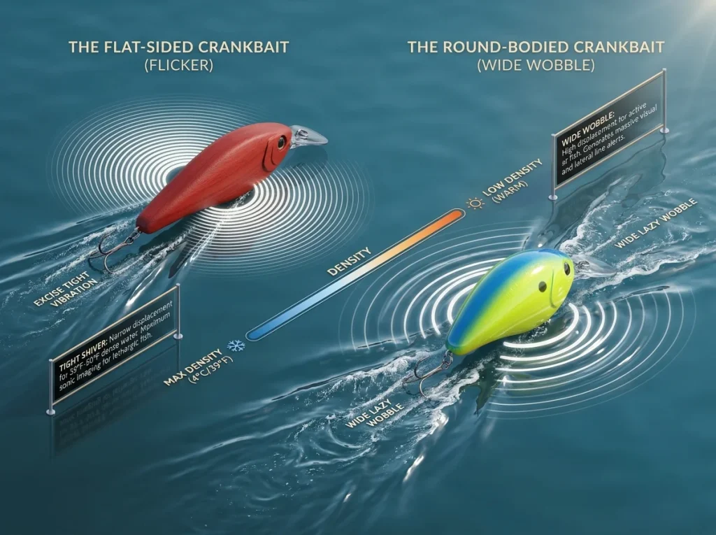 Top-down infographic comparing flat-sided vs round-bodied crankbait hydrodynamics and water pressure waves