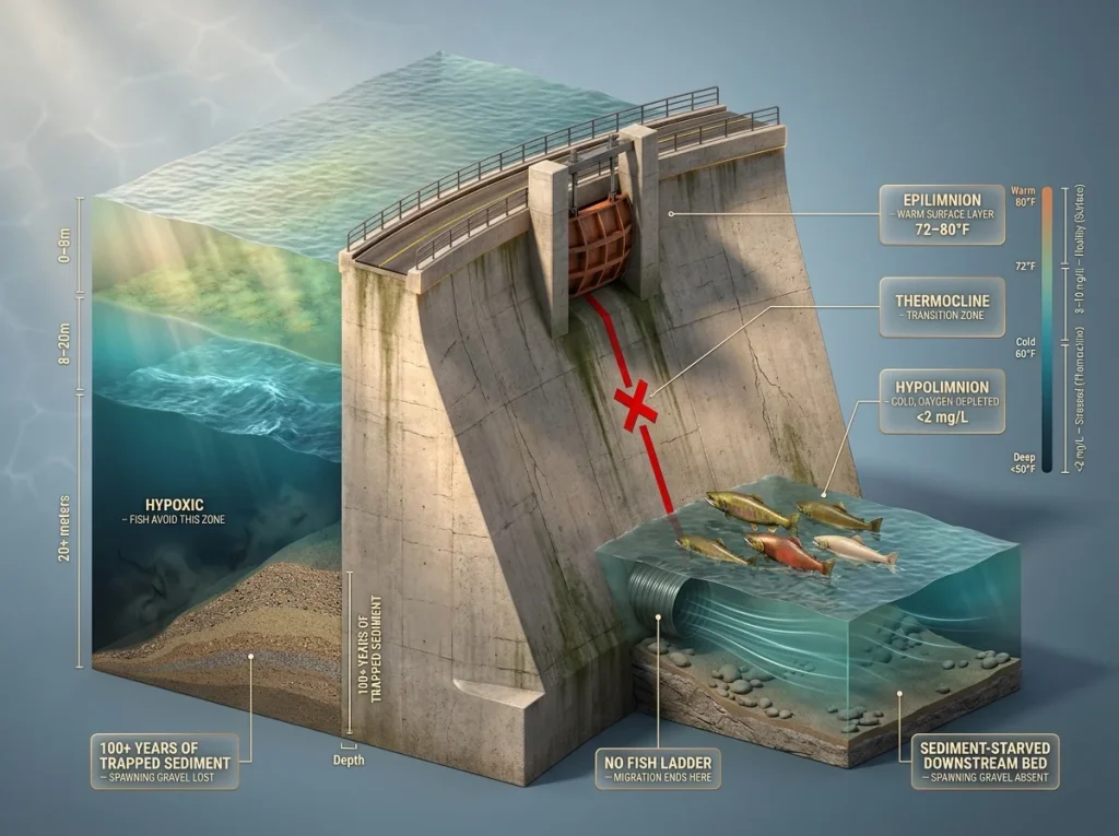 Infographic showing dam cross-section with labeled sediment buildup, thermal stratification layers, oxygen depletion zones, and blocked salmon migration path