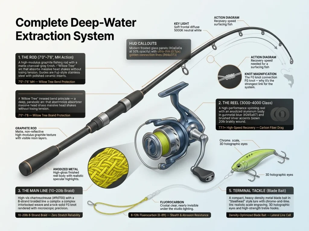 Labeled technical diagram of a premium deep-water lake trout fishing setup including rod, reel, line, and terminal tackle