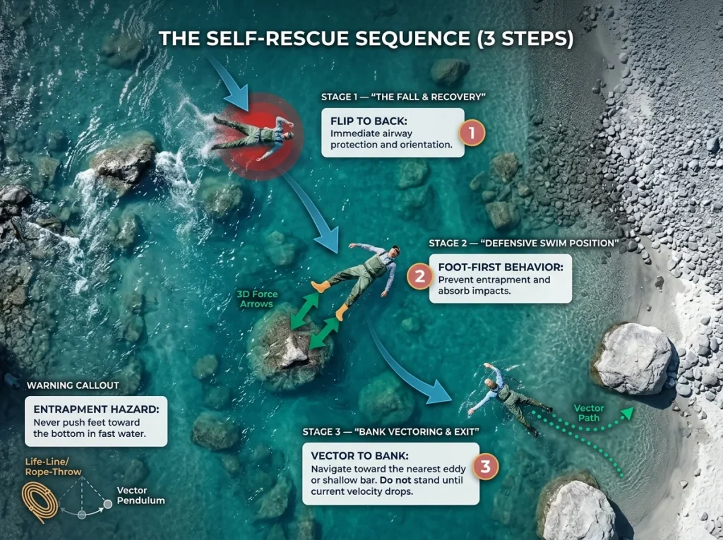 Top-down infographic showing the 3-stage defensive swim sequence for river self-rescue including bank vectoring technique