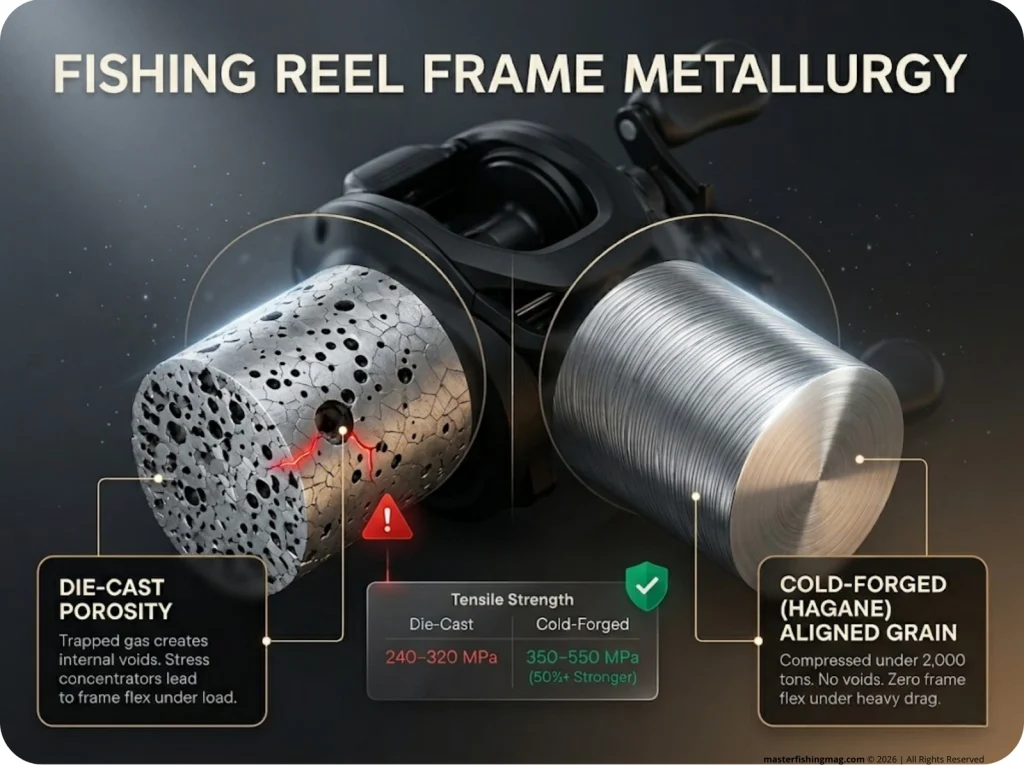 Infographic showing die-cast vs cold-forged reel frame metallurgy with grain structure, voids, and strength labels