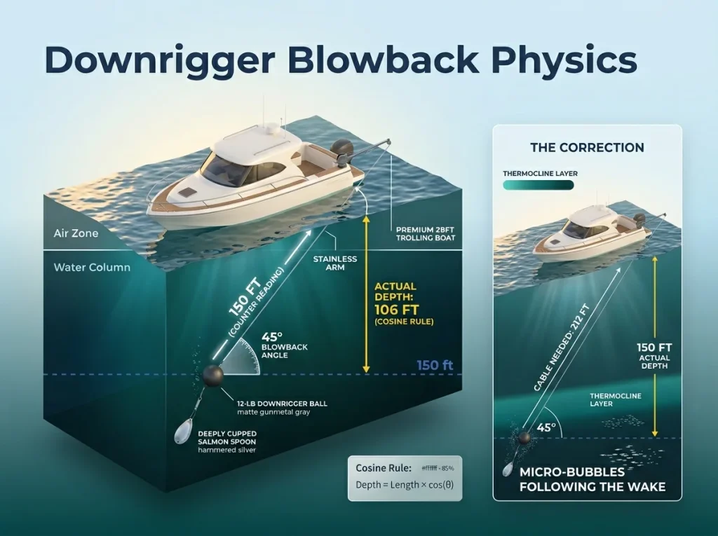Technical diagram of downrigger blowback showing cable length, blowback angle, and actual vs. target depth calculations